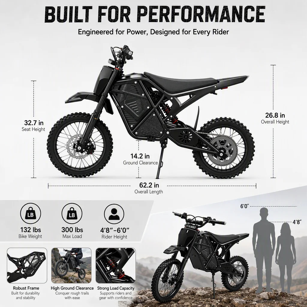 3000W Peak Electric Dirt Bike 48V 20.8Ah Battery 38MPH Adult