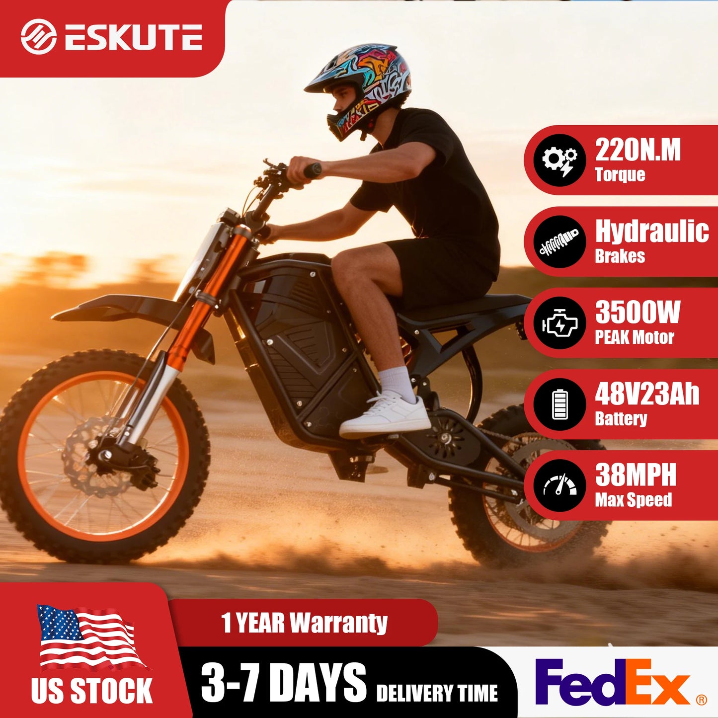 Eskute Electric Mini Dirt Bike for Teens & Adults, 14"/12" Fat Tire 3500W Electric Motorcycle, 48V23Ah Battery E-Bike 38MPH