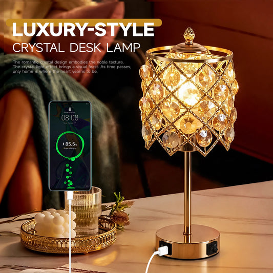 Luxury Gold Crystal Table Lamp with USB Charging Port & AC Outlet