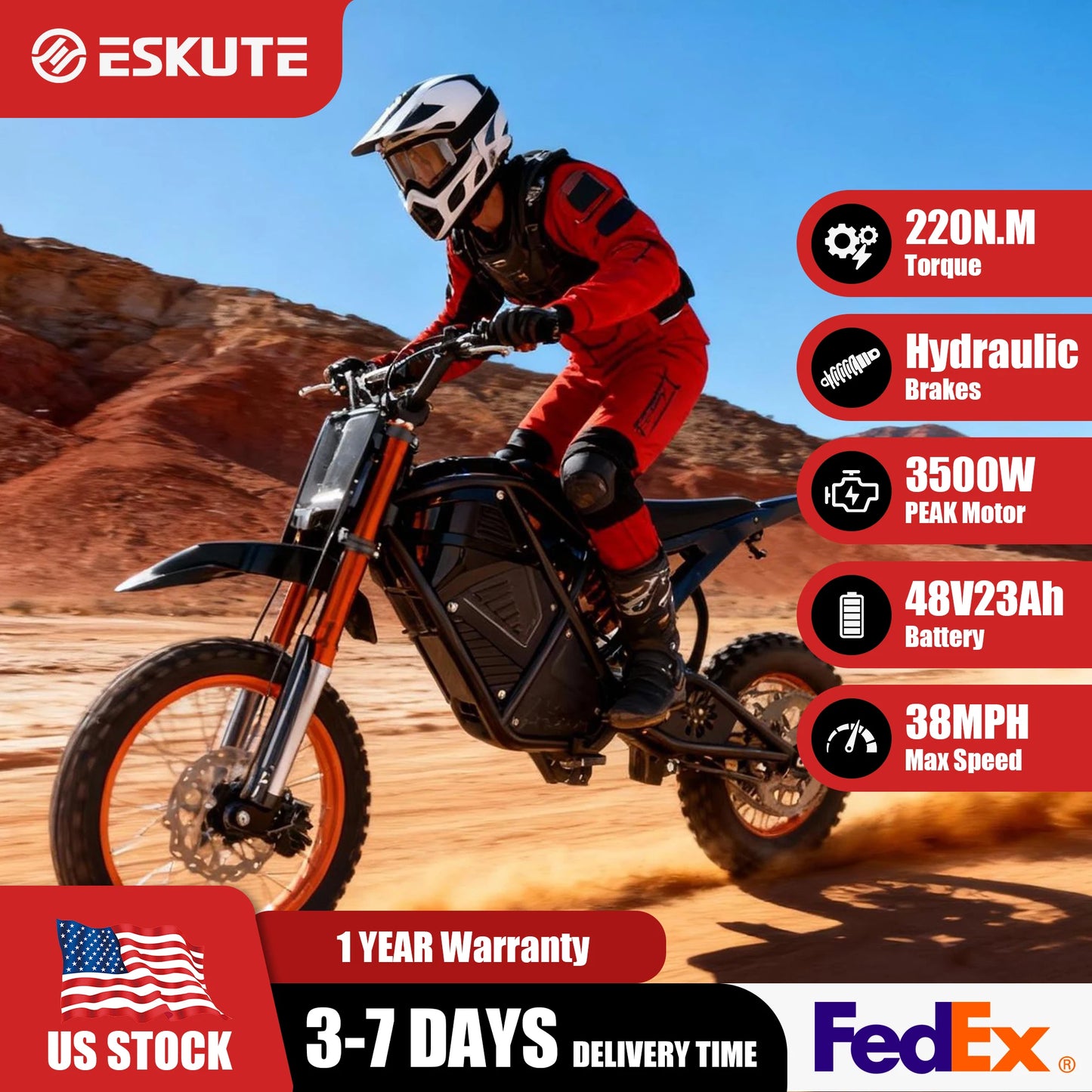 Eskute Electric Mini Dirt Bike for Teens & Adults, 14"/12" Fat Tire 3500W Electric Motorcycle, 48V23Ah Battery E-Bike 38MPH
