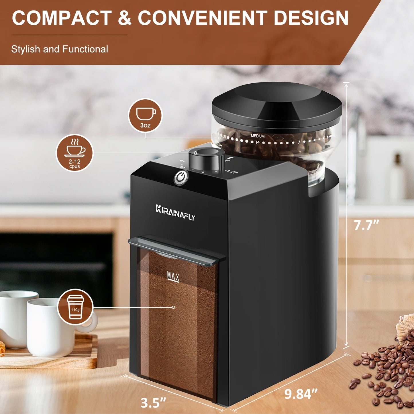 KIRAINAFLY Automatic Burr Mill Coffee Grinder
