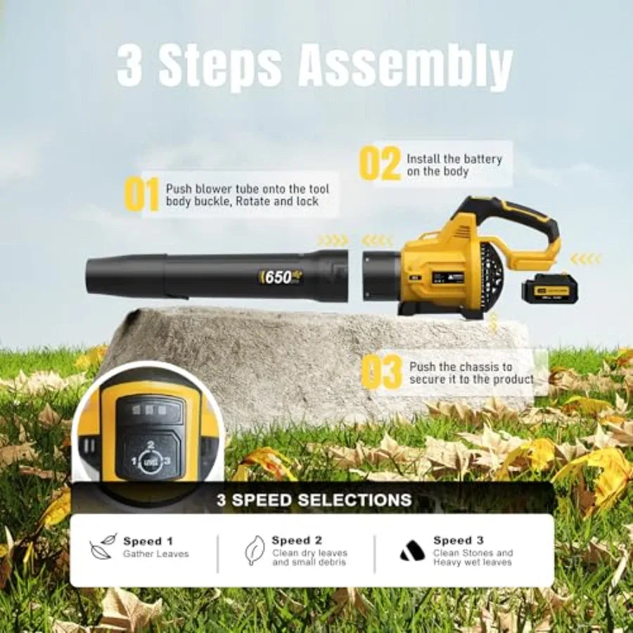 Leaf Blower Cordless, 650CFM and 3 Speed Levels