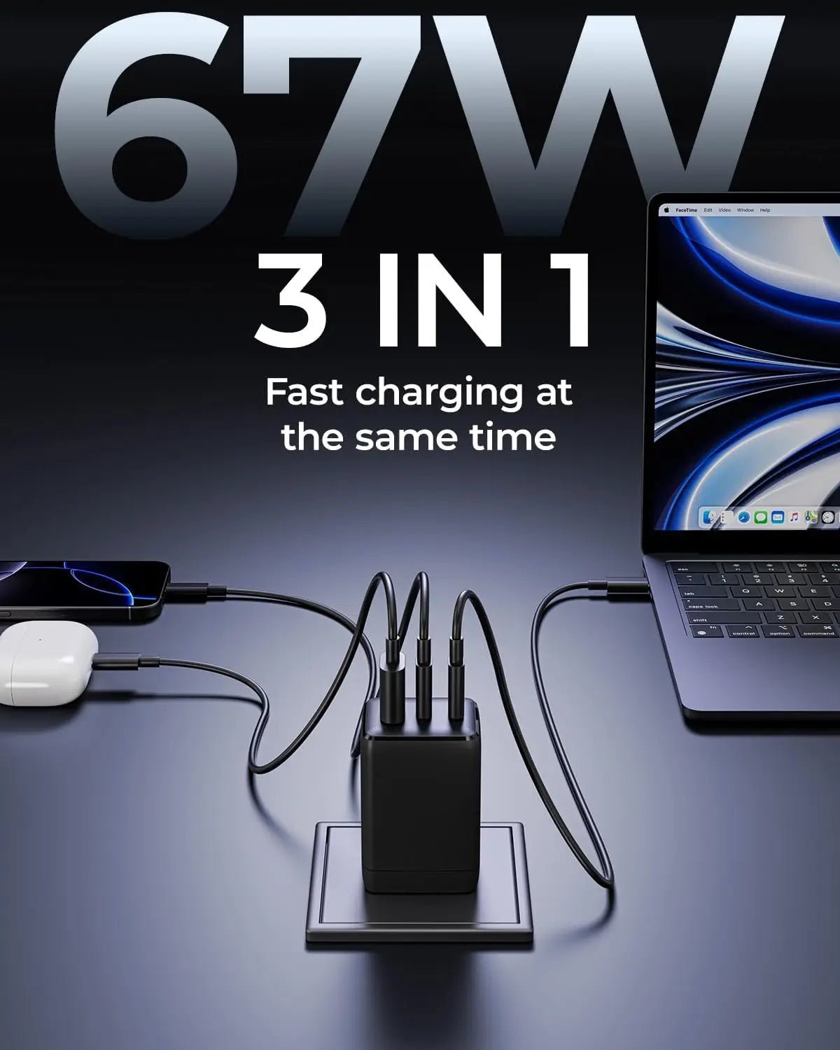 WEGEAR 67W USB C Charger 3-Port GaN Fast Charging Block