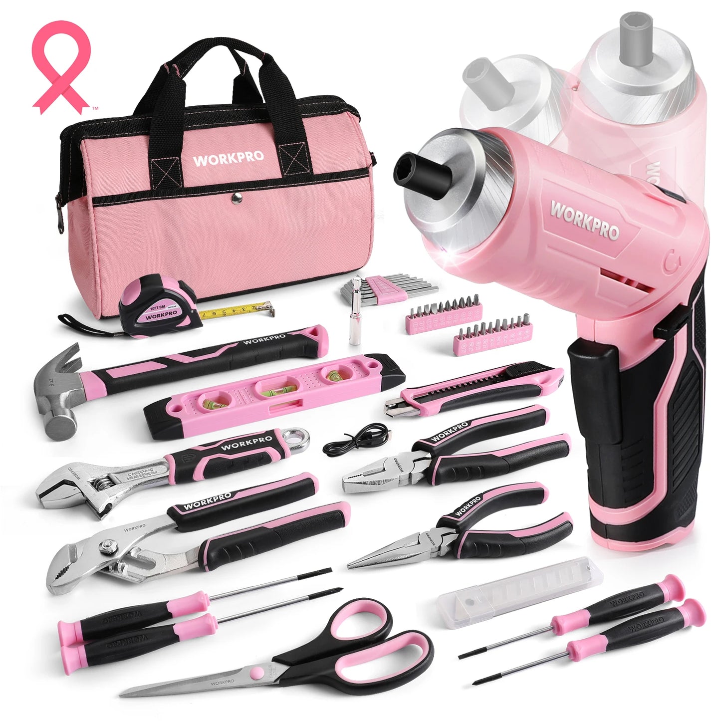 WORKPRO 53-Piece Pink Tool set with Electric Cordless Screwdriver