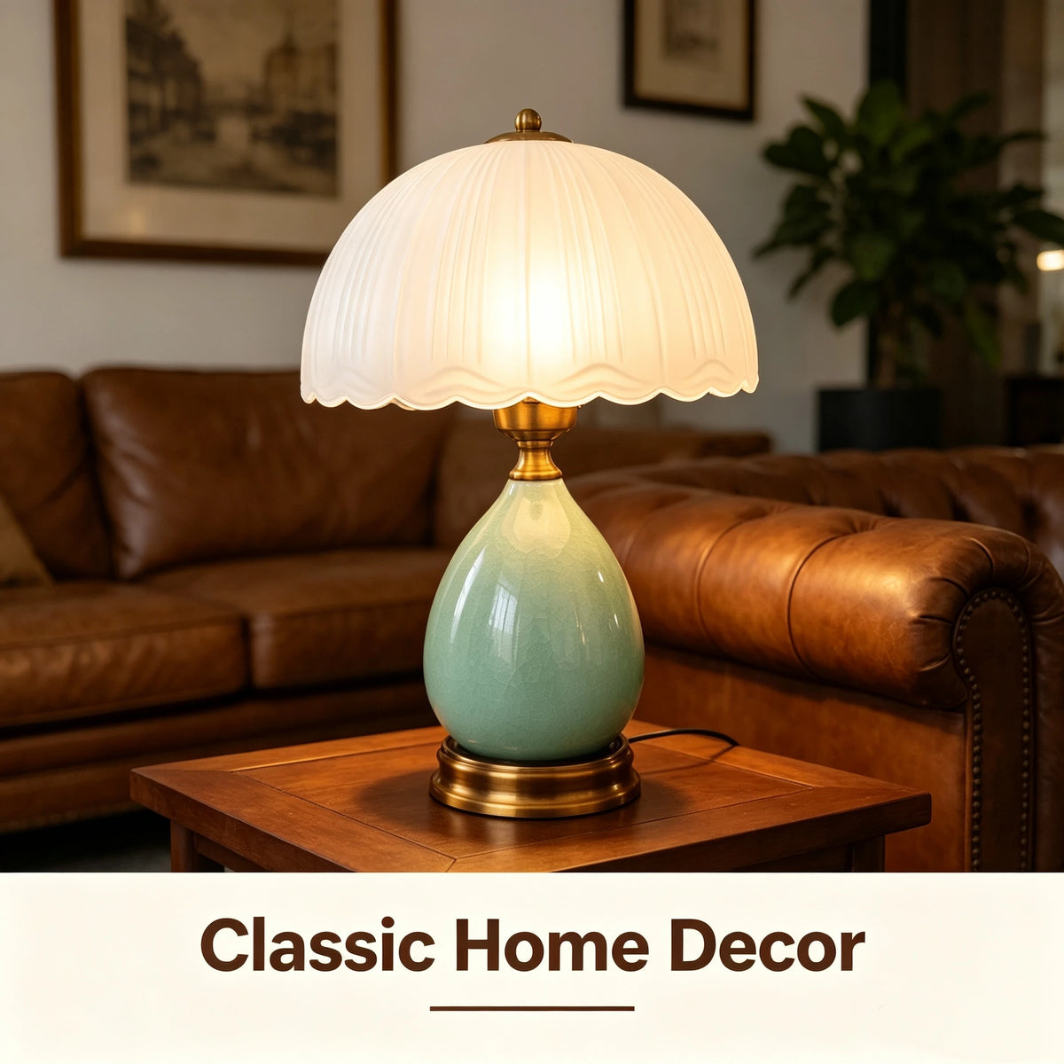 Vintage Crackle Green Ceramic Table Lamp, Pleated Scalloped Frosted