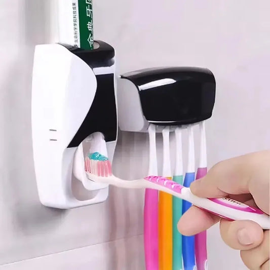 Set of easy-to-use toothbrush holder with automatic toothpaste dispenser
