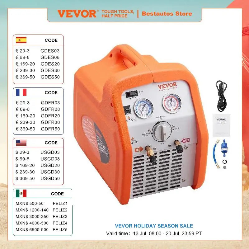 VEVOR 1HP Refrigerant Recovery Machine Dual Cylinder