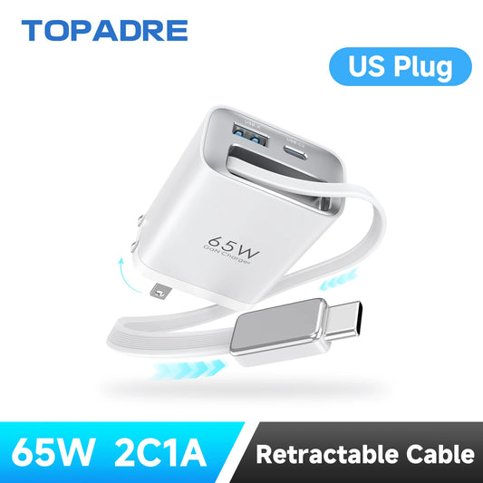 TOPADRE 65W GaN Wall Charger with Retractable USB-C Cable