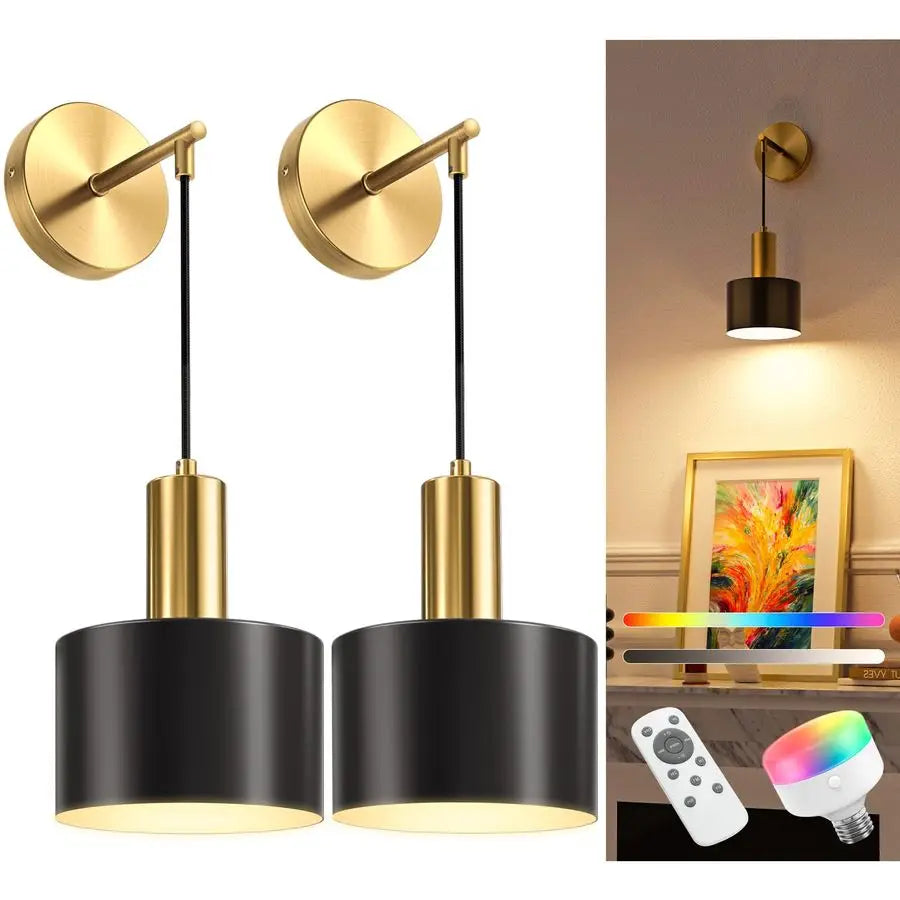 Battery Operated Wall Sconce Set of 2, Gold amp Black Wireless Rechargeable
