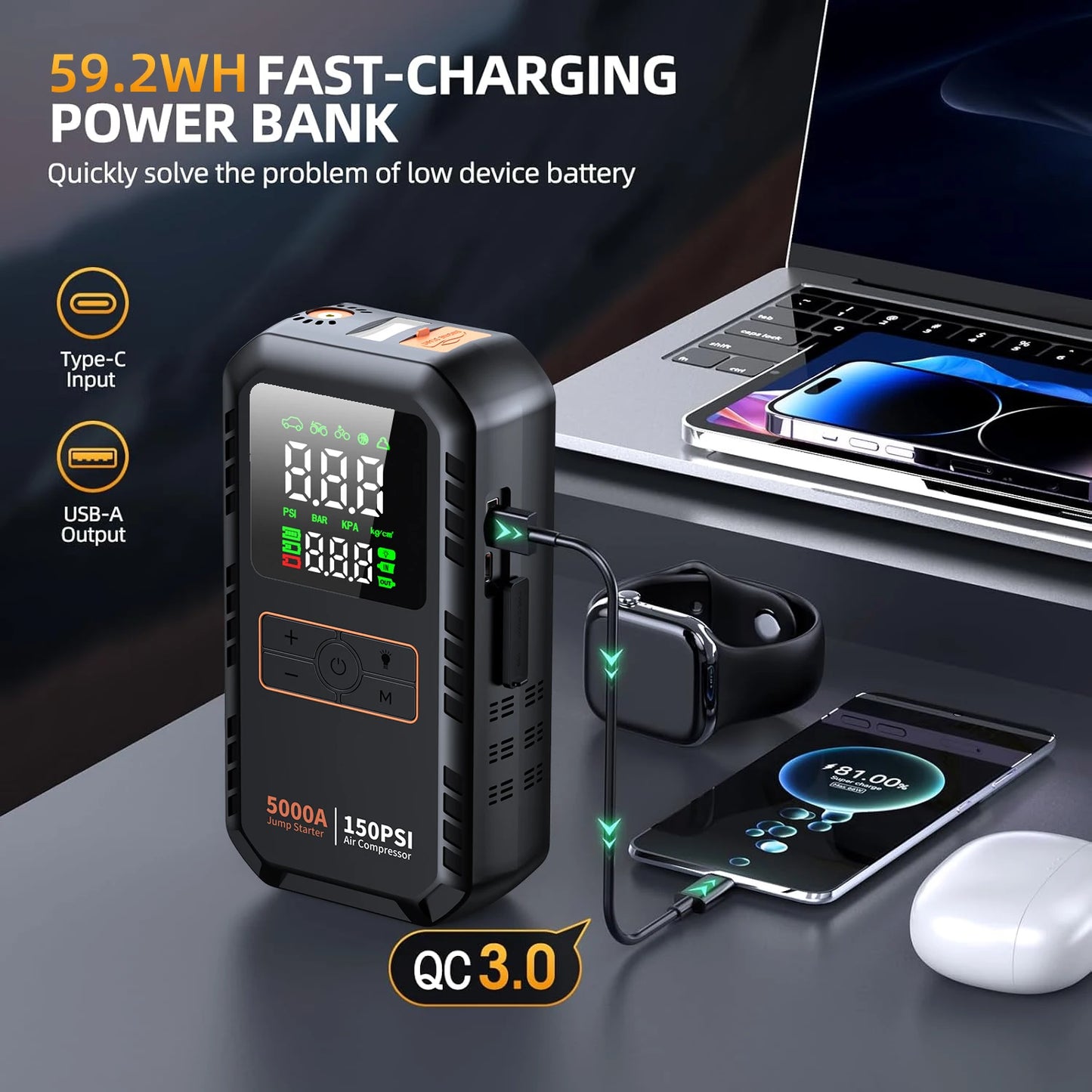 PAIVIROKU 4-IN-1 Car Jump Starter with Air Compressor