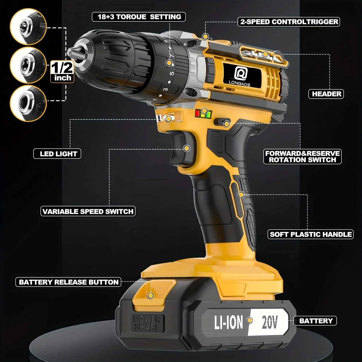 JUSFIT 21V Cordless Drill/Driver Kit, 2 Speed, Keyless 3/8"