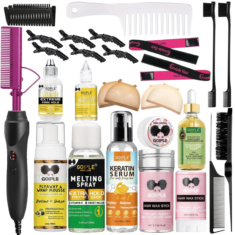 GOIPLE 3-In-1 Electric Hot Press Straightening Curler Comb Set