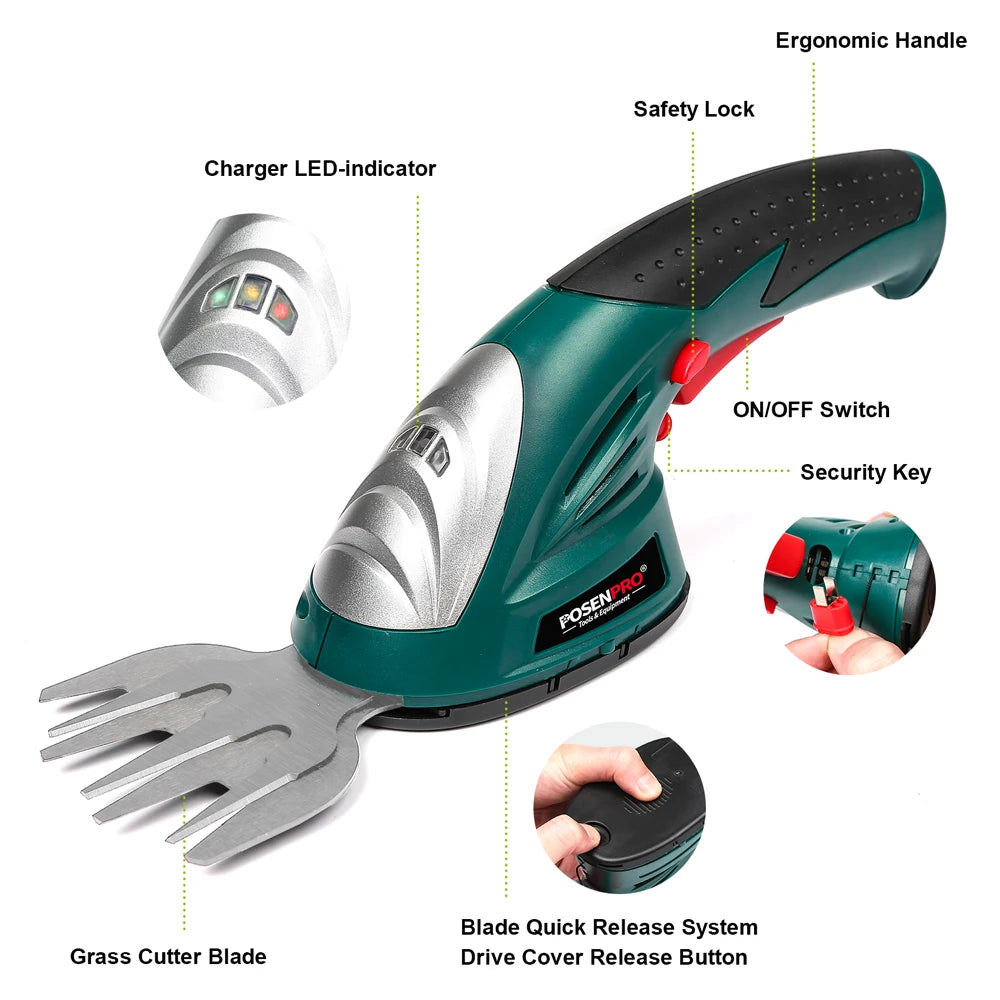 POSENPRO 7.2V 2in1 Cordless Grass and Shrub Shears Hedge Pruning