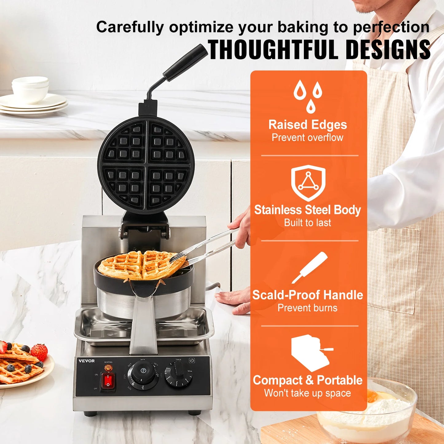 SucceBuy Electric Waffle Maker Stainless Steel Round Waffle Iron