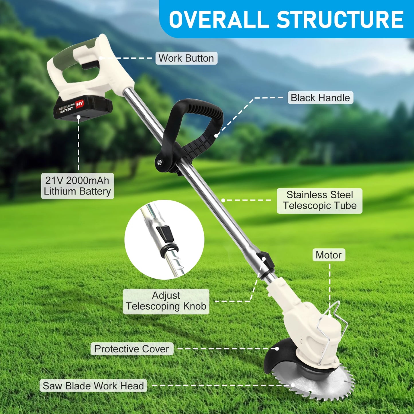 21V Cordless Grass Trimmer Electric 3-in-1 Lightweight