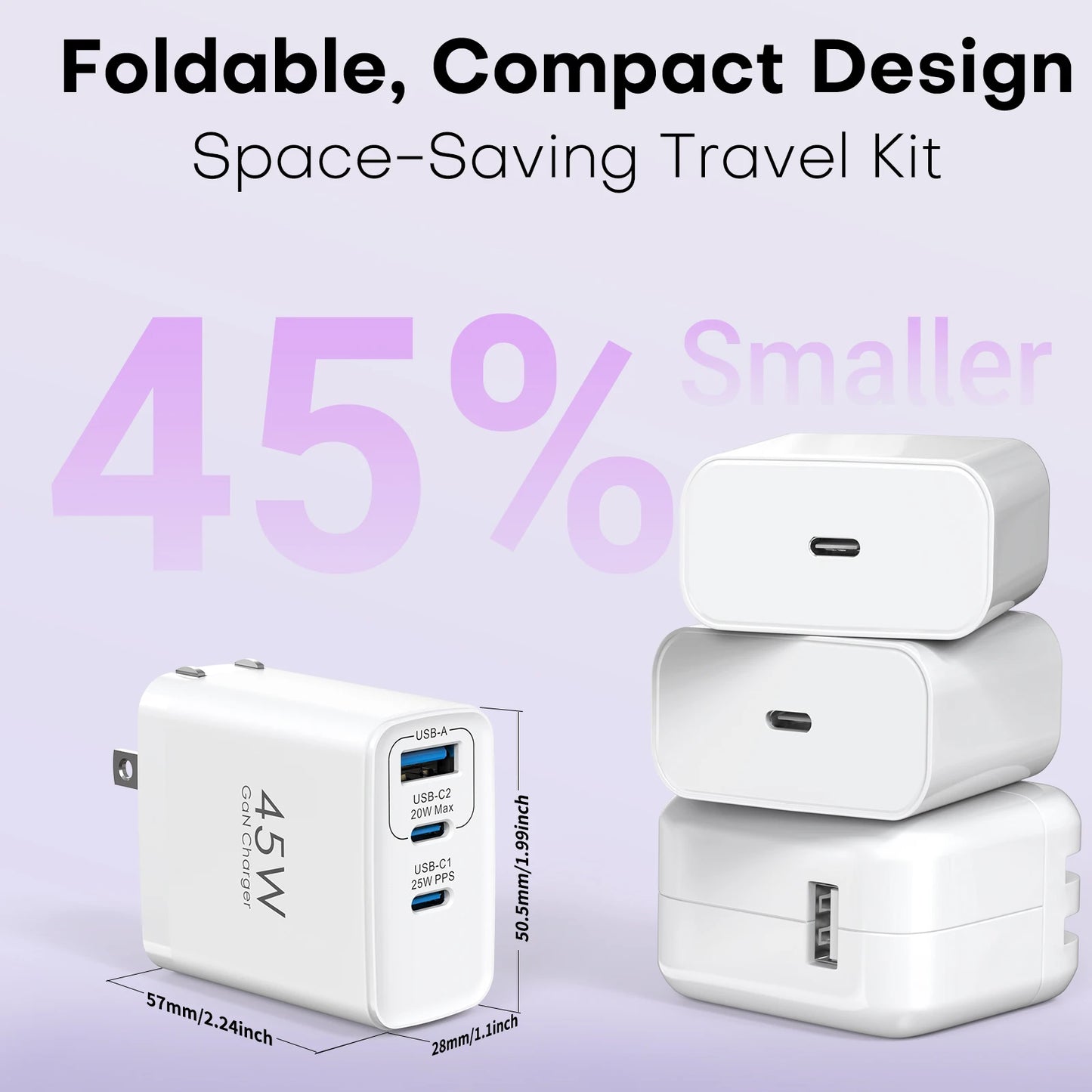 TOPADRE 2packs 45W 3 Port USB Charger Type C