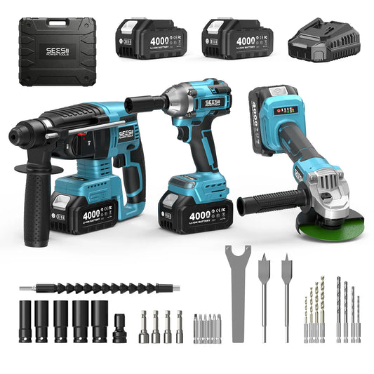 Seesii 3-In-1 Tool Combo Kit Rotary Hammer Drill Impact Wrench
