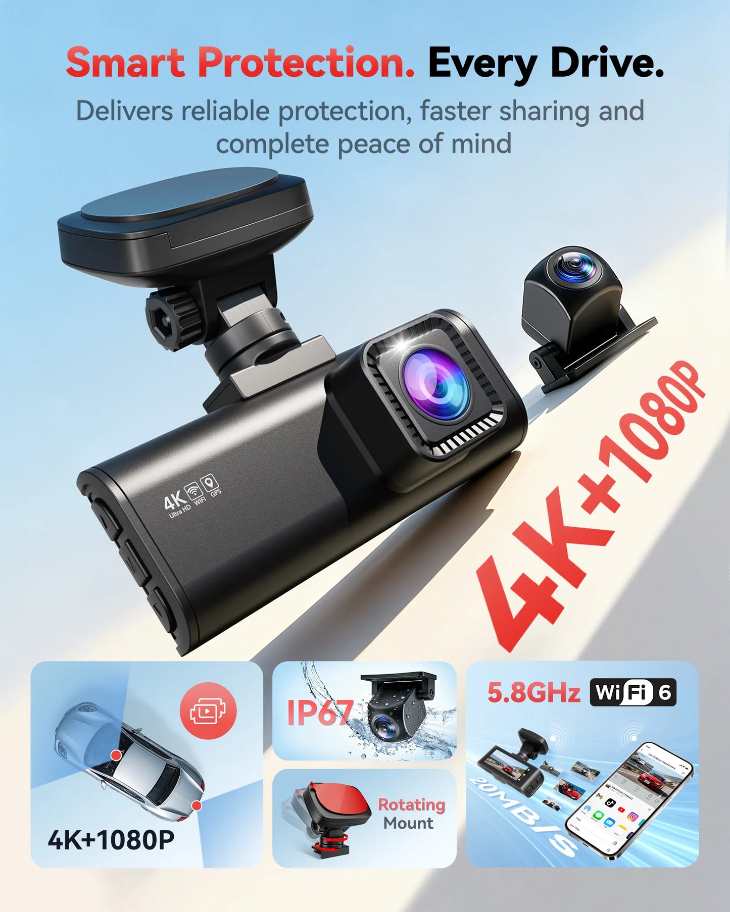 REDTIGER F7N Dash Camera Front and Rear 4k Dash Cam