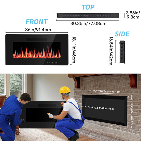 36" Recessed & Wall Mounted Electric Fireplace, Ultra thin & Low Noise