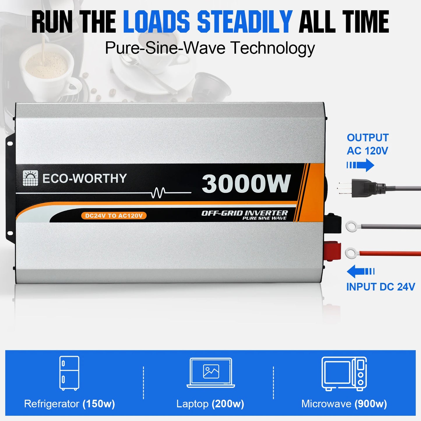 ECO-WORTHY 3000W Pure Sine Wave Solar Power Inverter 24V DC to 120V AC