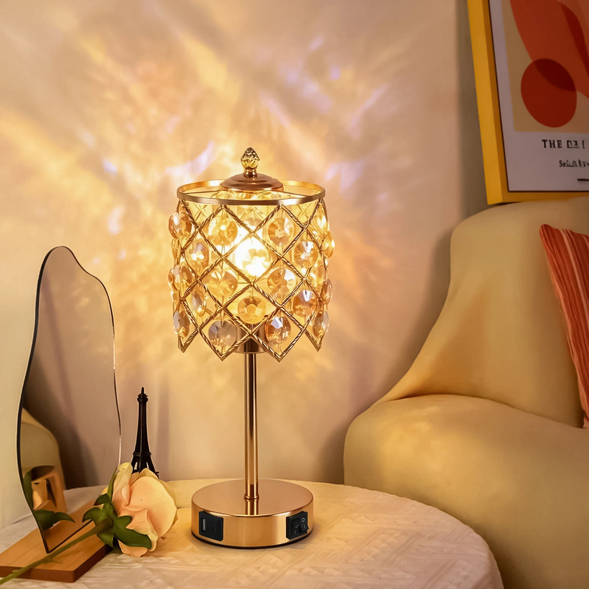 Luxury Gold Crystal Table Lamp with USB Charging Port & AC Outlet