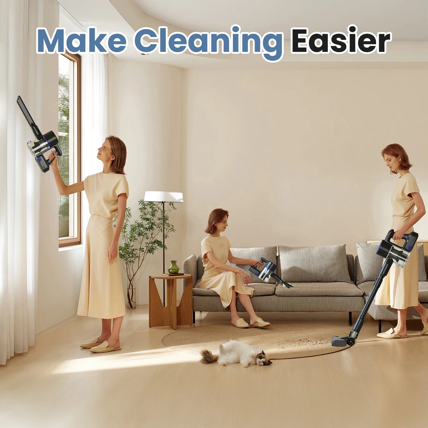 JHK Cordless Vacuum Cleaner with Flexible Steering Extendable Pole 3 Brush Heads Lightweight Wireless Rechargeable Upright Vacuum with LED Light Wall Mount for Hardwood Floors Carpet