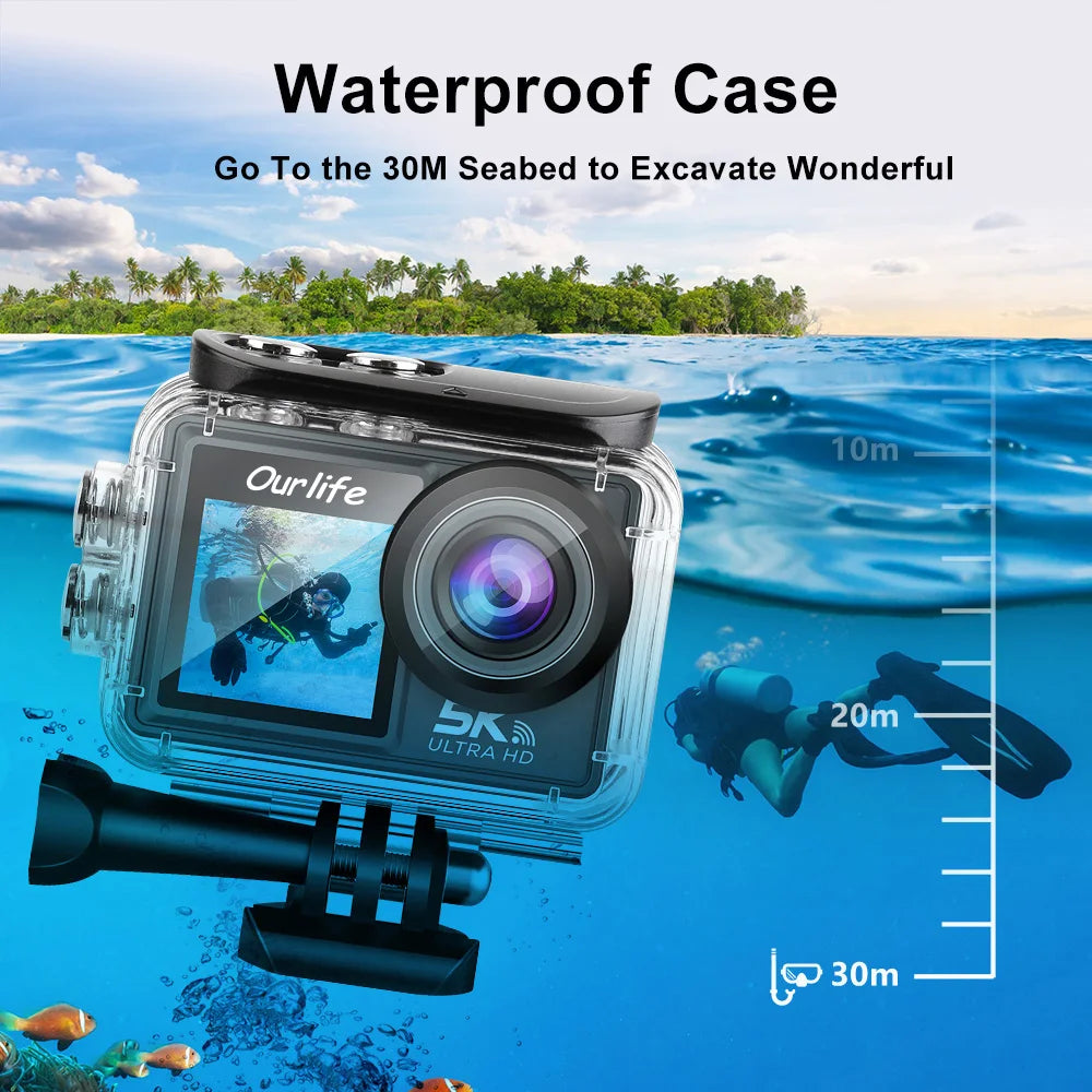 Ourlife 5K Action Camera 4K60FPS Dual IPS Screen