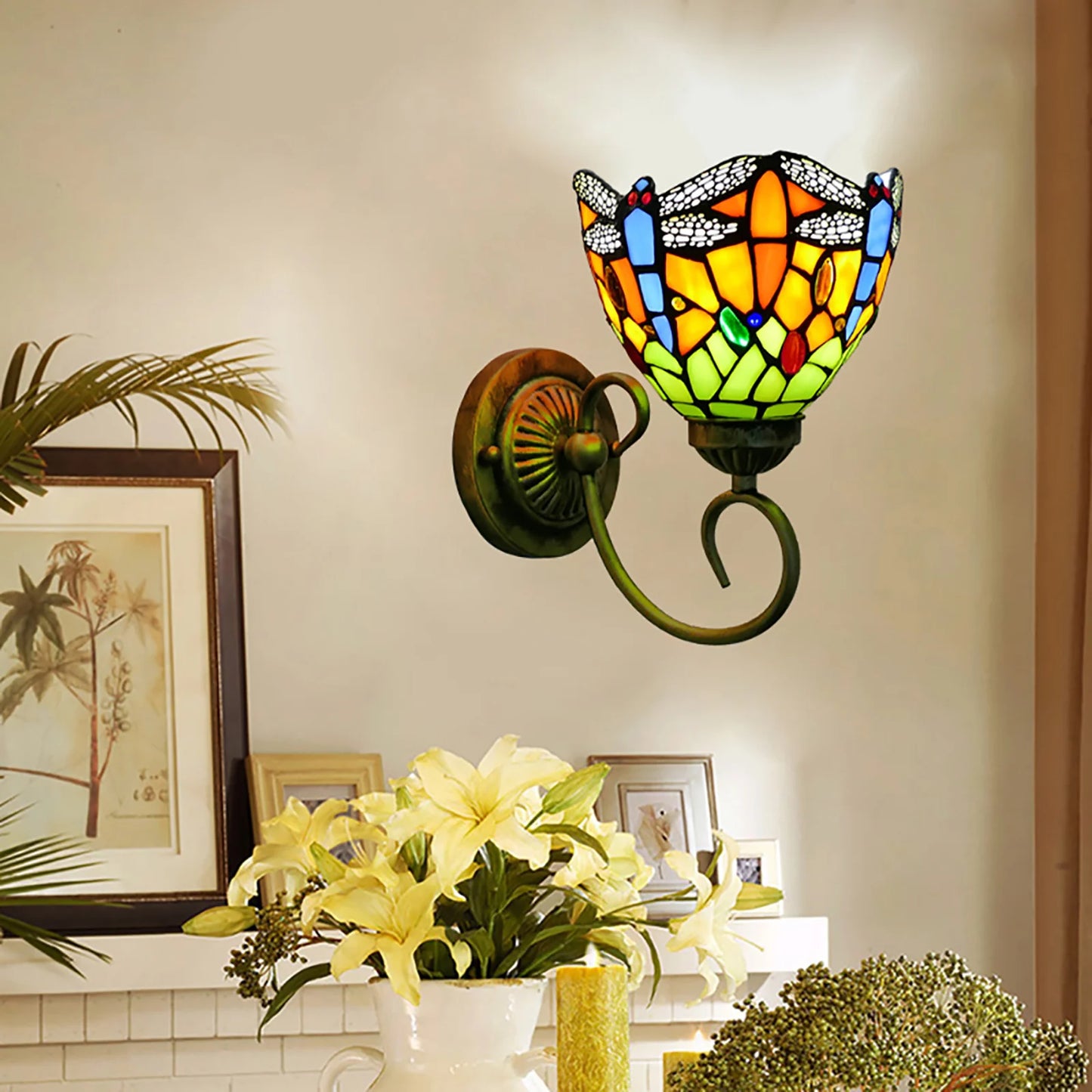 Stained Glass Wall Light, Retro Dragonfly Design