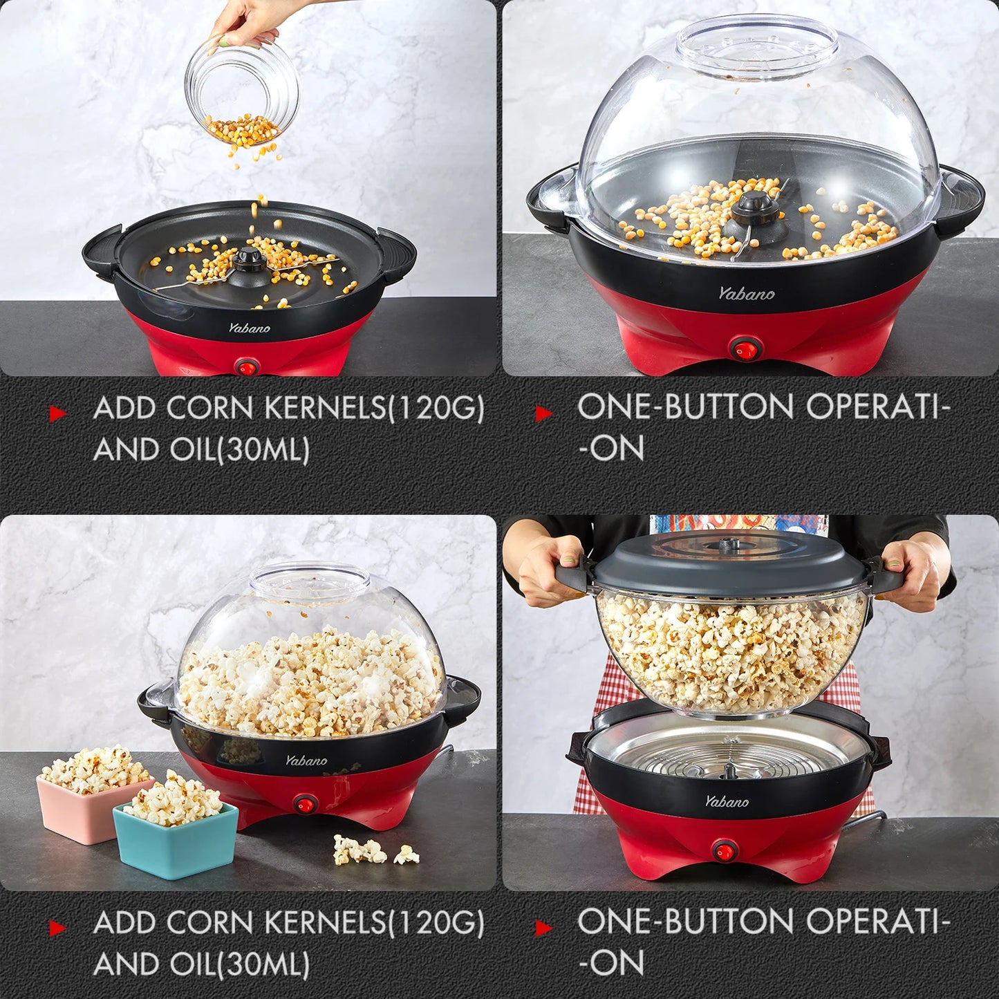 Yabano Popcorn Machine, 6-Quart Popcorn Popper maker, Nonstick Plate, Electric Stirring with Quick-Heat Technology, Cool Touch Handles