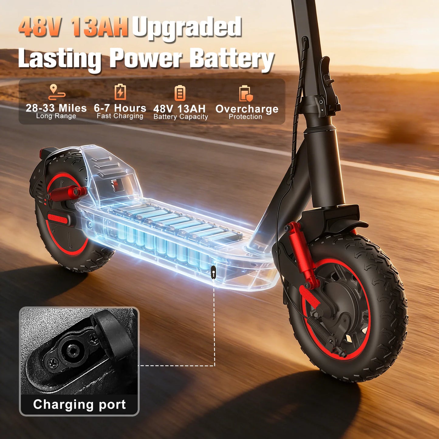 OBX Electric Foldable Scooter 30 MPH Fastest Dual Motor for Adult Scooter 1200W Peak 33 Mile Long Range 10" Off-Road Tires 48V 13ah