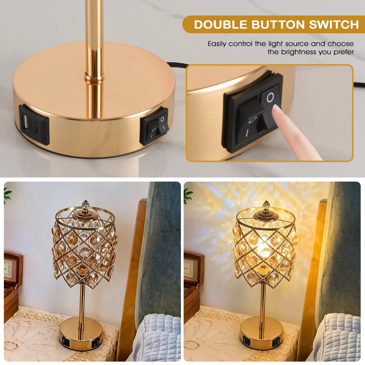 Luxury Gold Crystal Table Lamp with USB Charging Port & AC Outlet