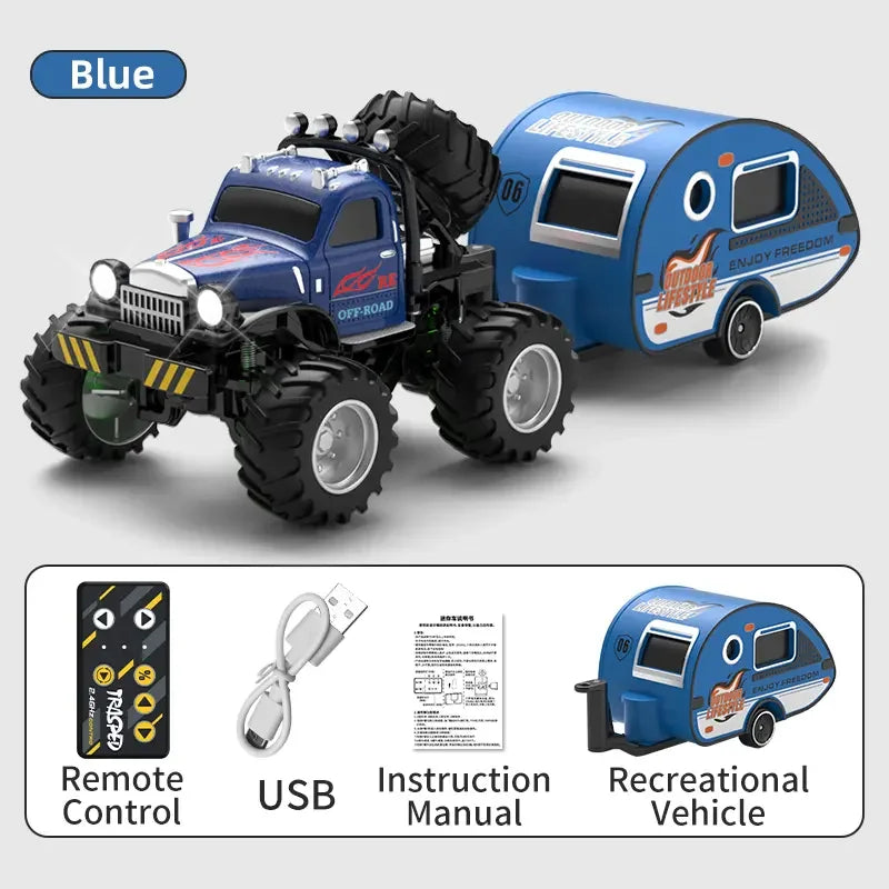 Hotfree 1/64 Mini RC Monster Truck, Metal Off-Road Stomper with Trailer