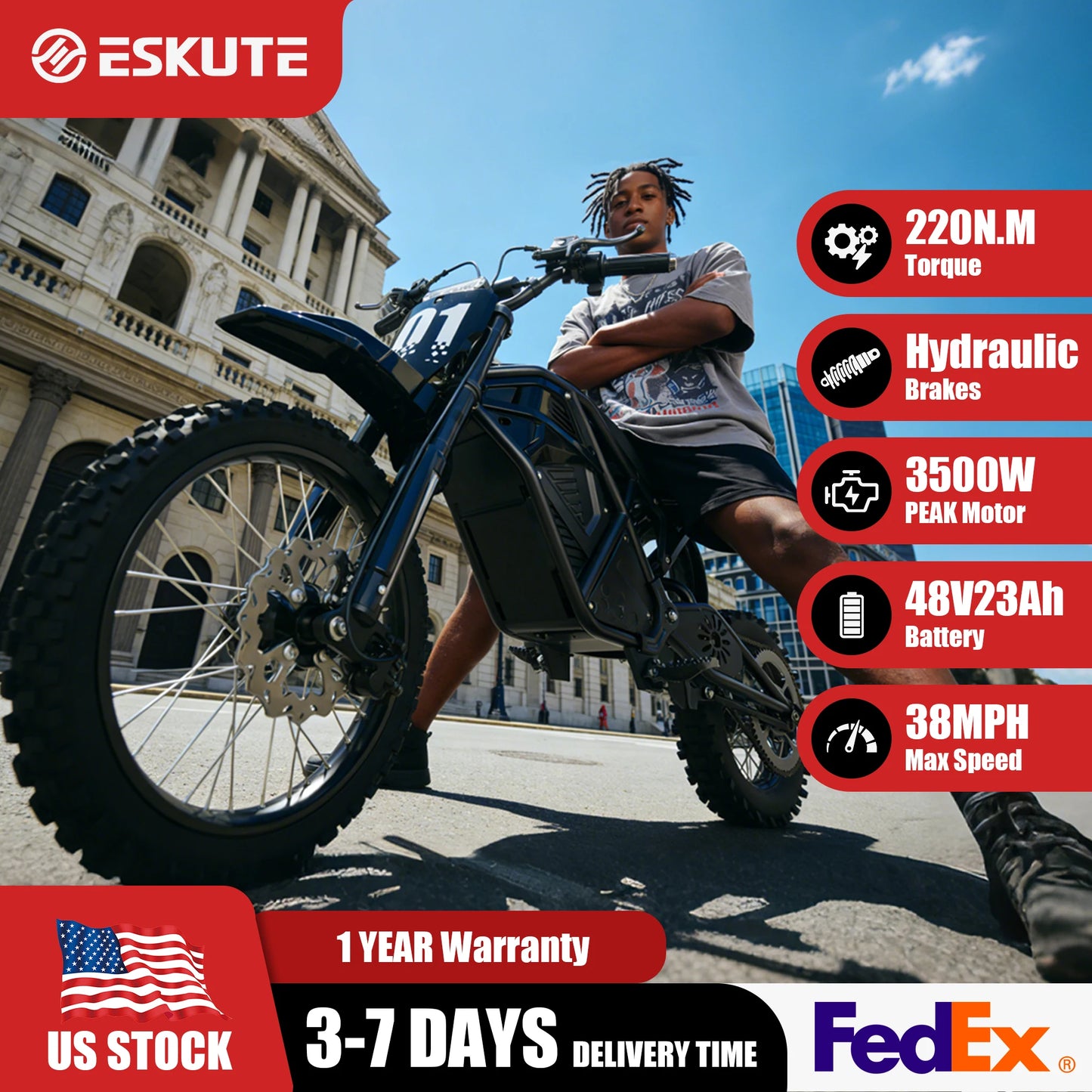 Eskute Electric Mini Dirt Bike for Teens & Adults, 14"/12" Fat Tire 3500W Electric Motorcycle, 48V23Ah Battery E-Bike 38MPH