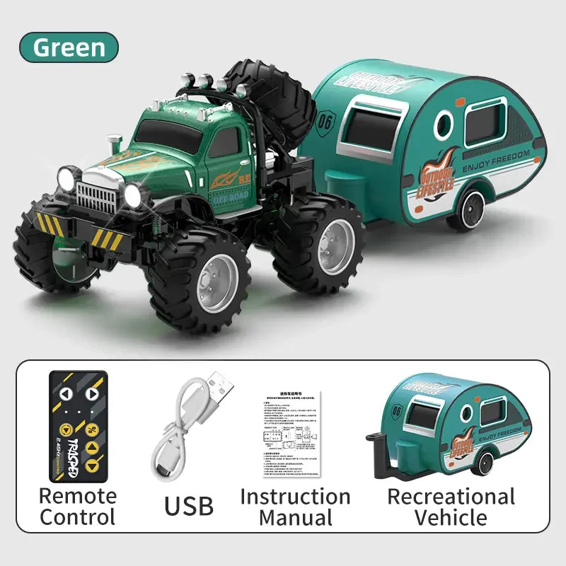 Hotfree 1/64 Mini RC Monster Truck, Metal Off-Road Stomper with Trailer