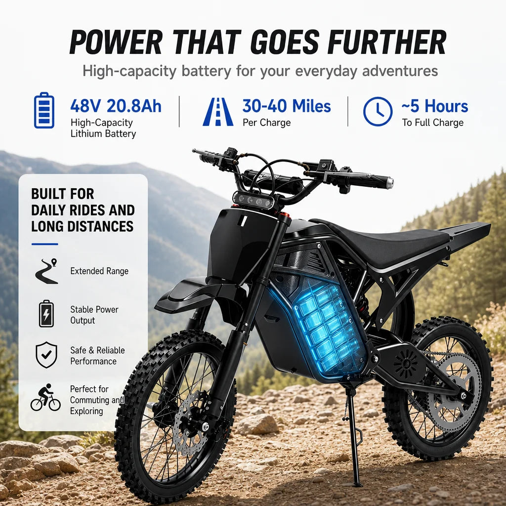 3000W Peak Electric Dirt Bike 48V 20.8Ah Battery 38MPH Adult
