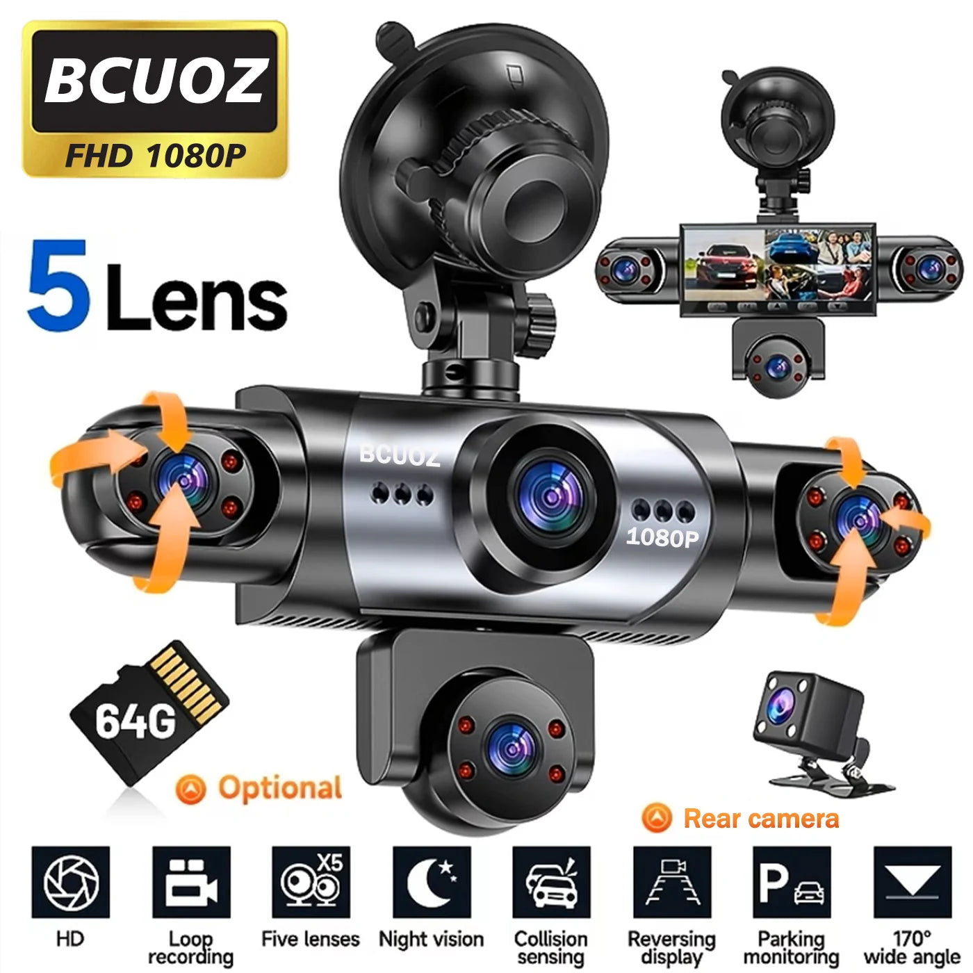 BCUOZ 5-Lens 360° Dashcam 1080P Front 720P Rear