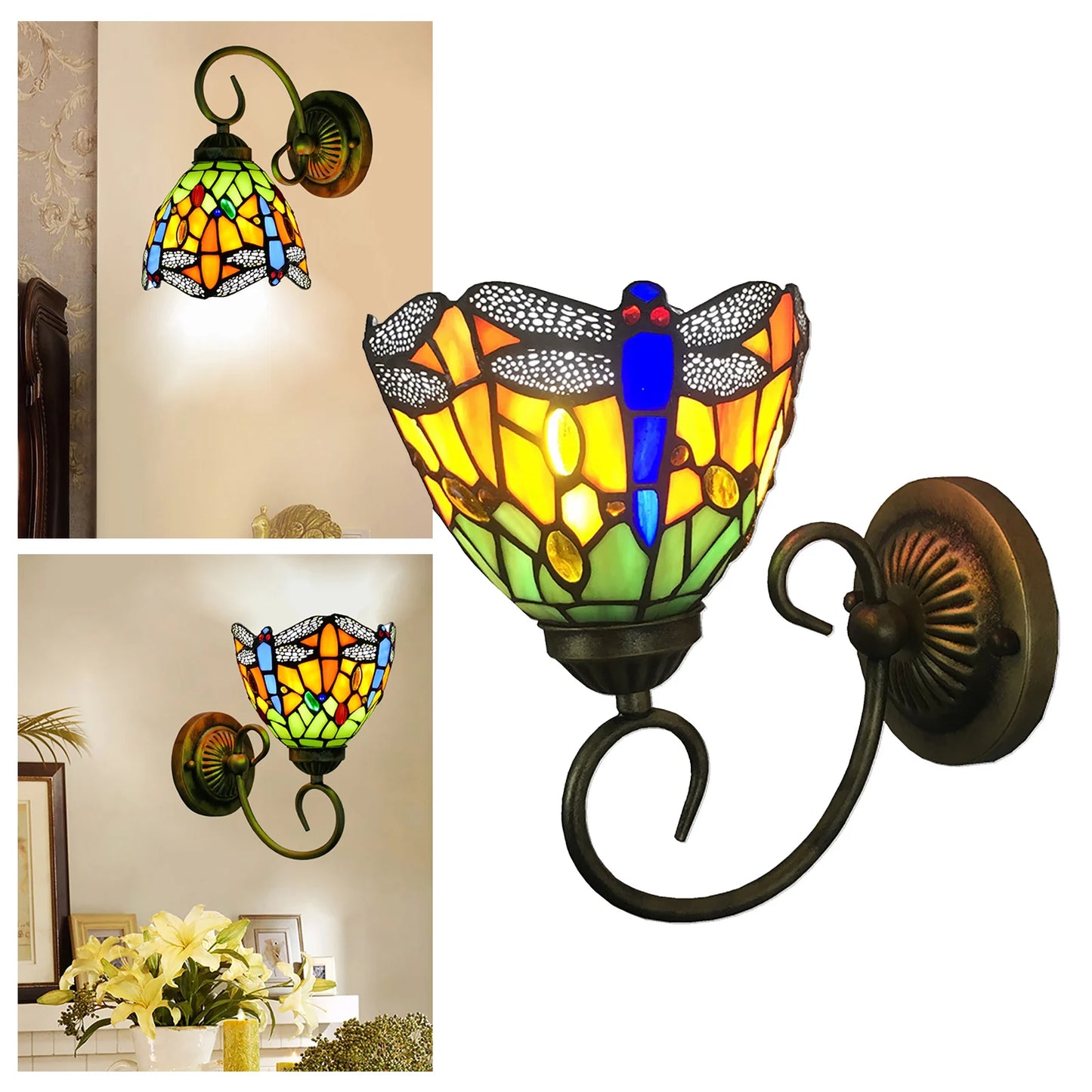 Stained Glass Wall Light, Retro Dragonfly Design