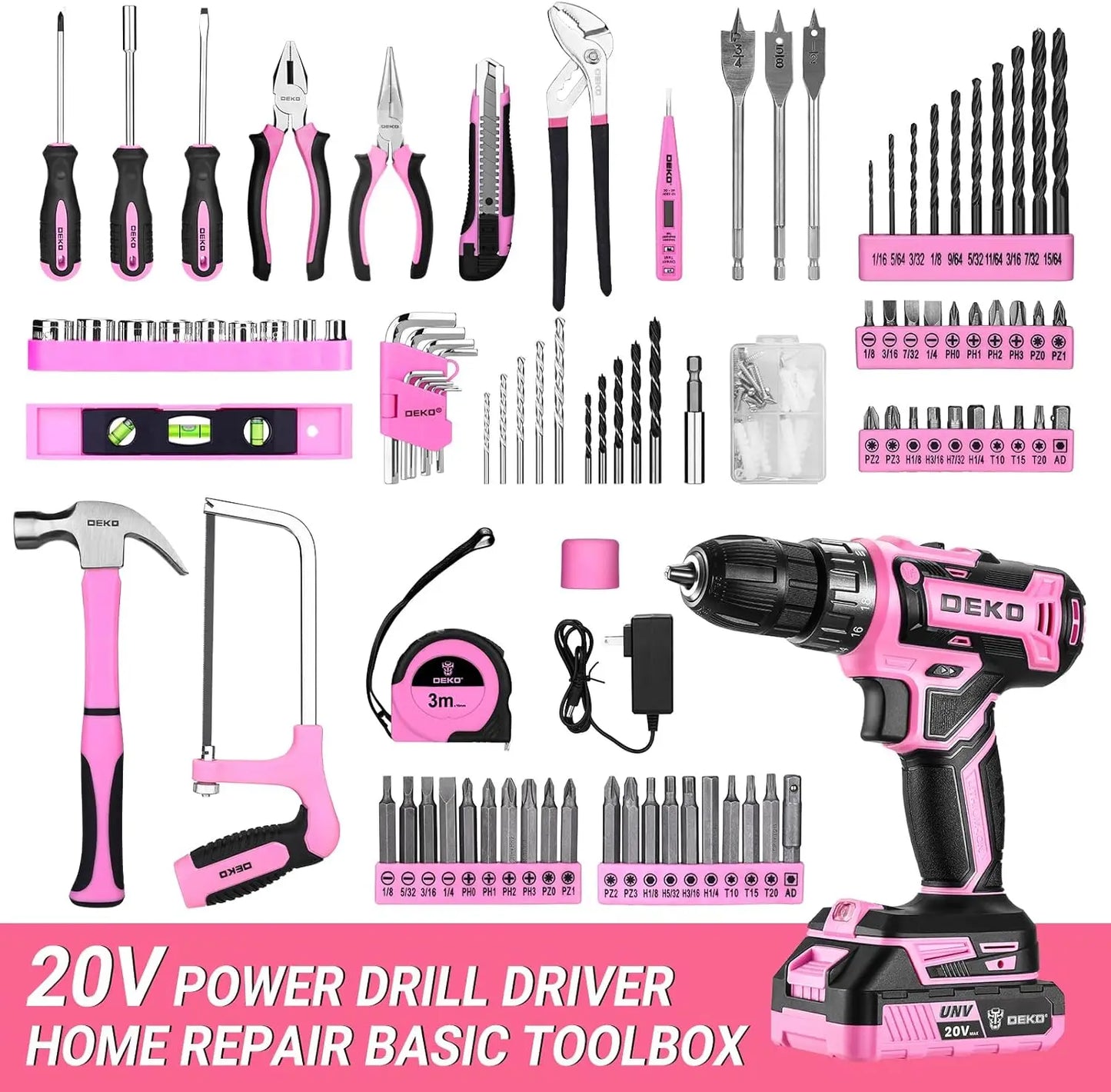 DEKO Pink Drill Tool Kit Set: 20V Cordless Power Drill