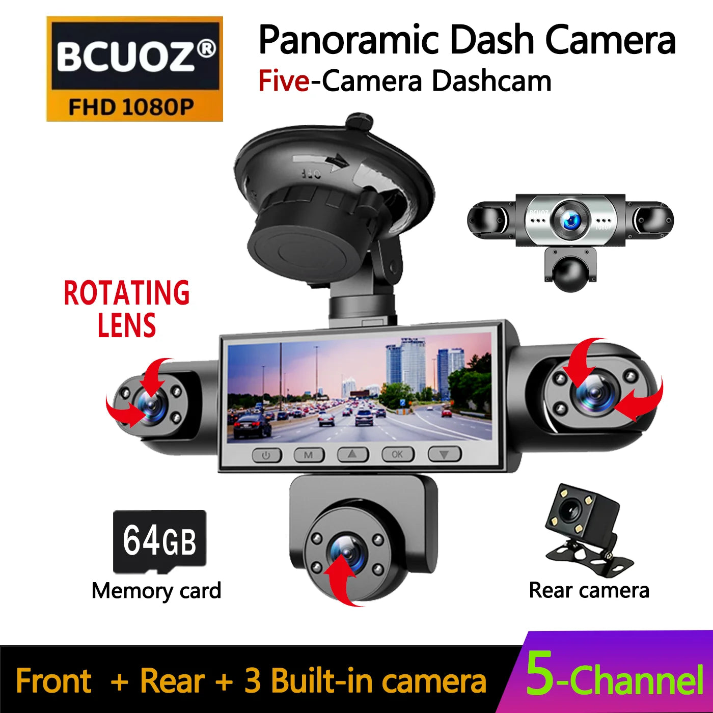 BCUOZ 5-Lens 360° Dashcam 1080P Front 720P Rear