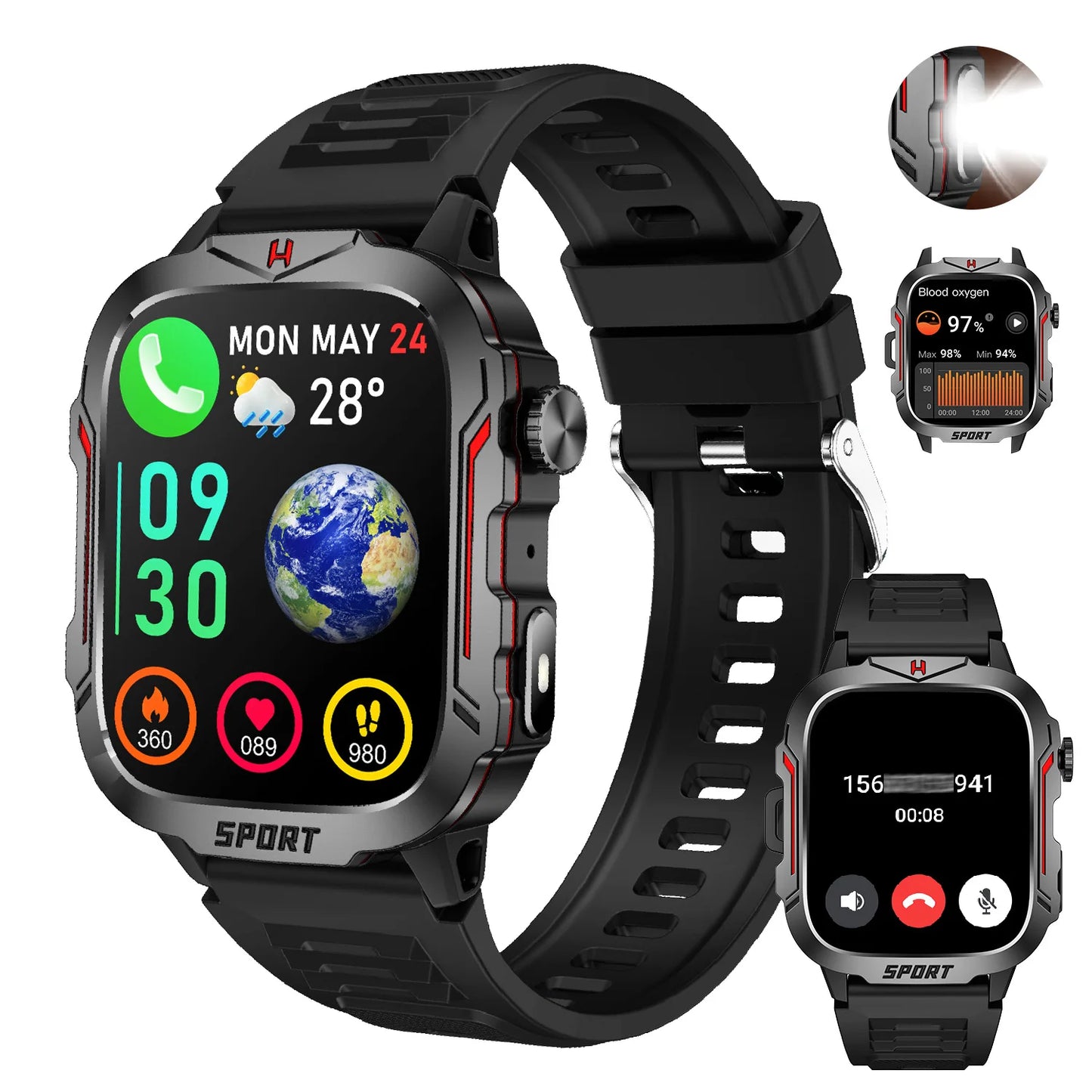 Strong Flashlight Smart Watch for Men/Women