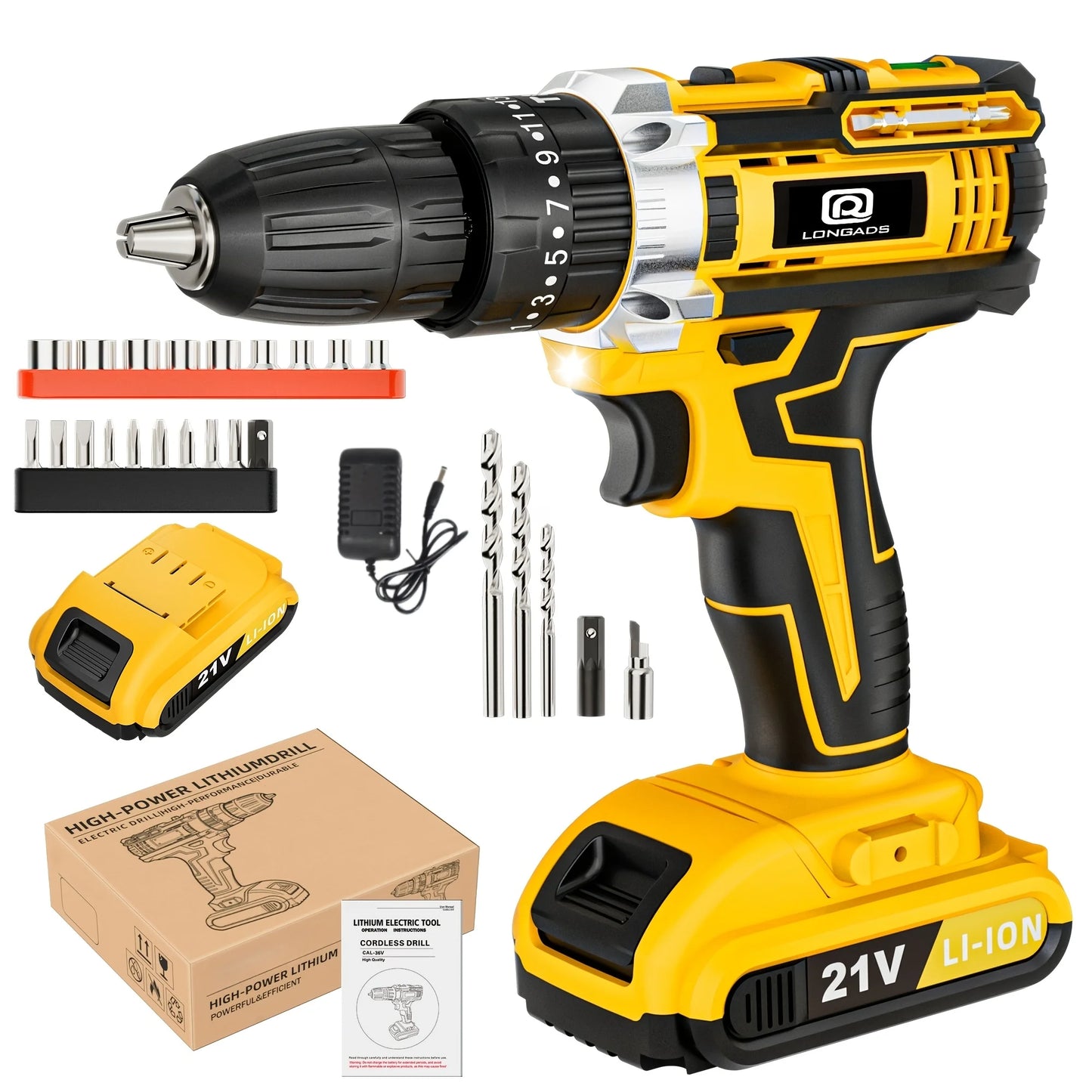 LONGADS 21V Cordless Drill/Driver Kit, 2 Speed, Keyless 3/8"