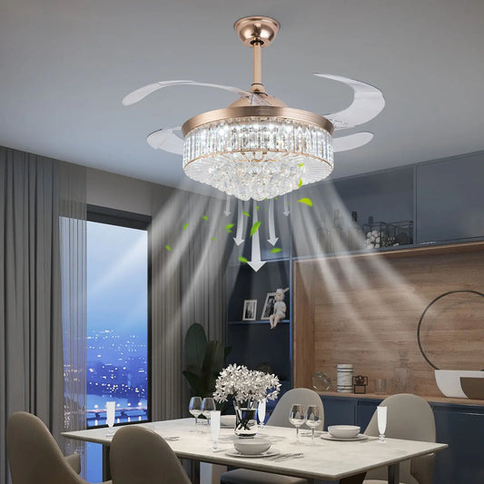 Bymaocar 42" Invisible LED Ceiling Fan Light Crystal Retractable Chandelier Lamp W/Remote