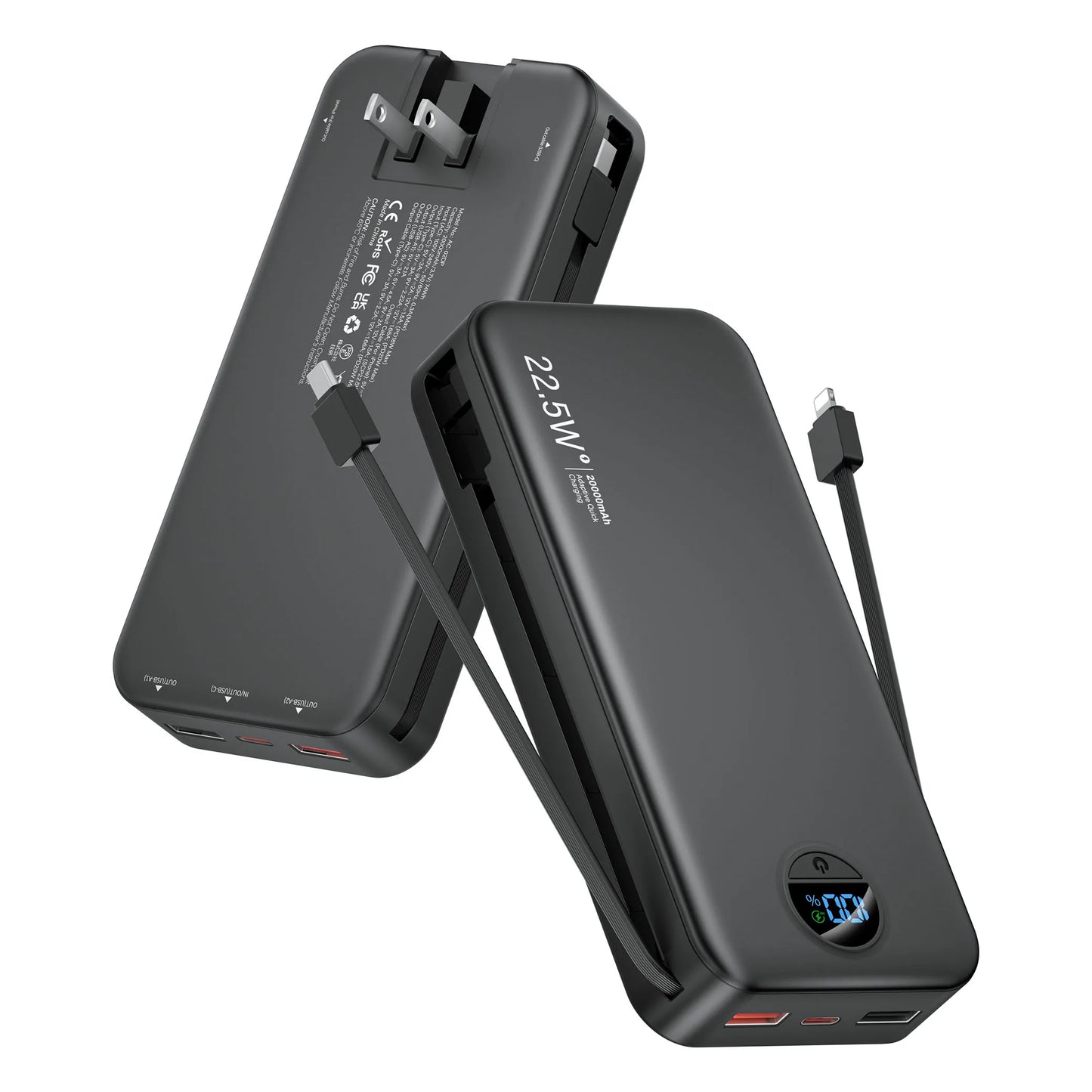 20000mAh Power Bank with Built-in AC Plug & Dual Cables
