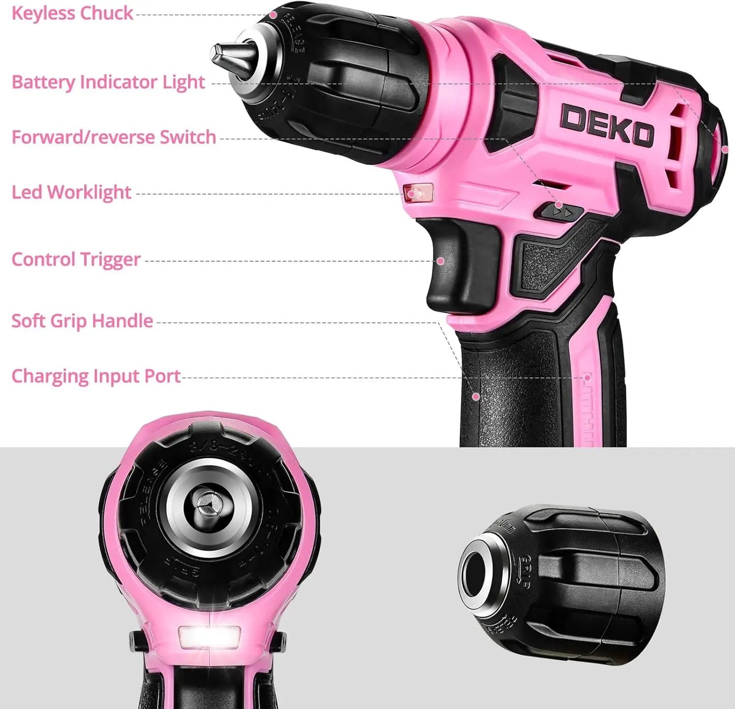 DEKO 8V Pink Cordless Drill, Drill Set with 3/8"Keyless Chuck