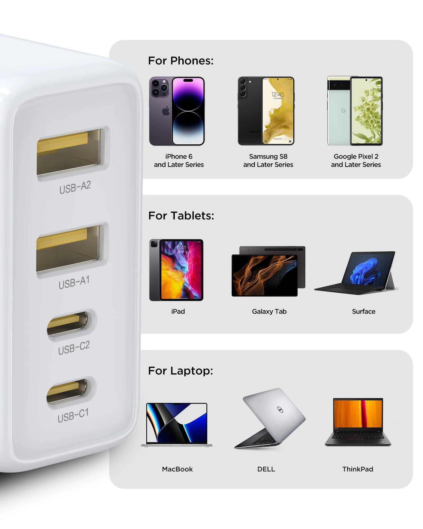 PISEN 65W GaN Fast Charger - 4-Port Foldable with 4FT USB-C Cable