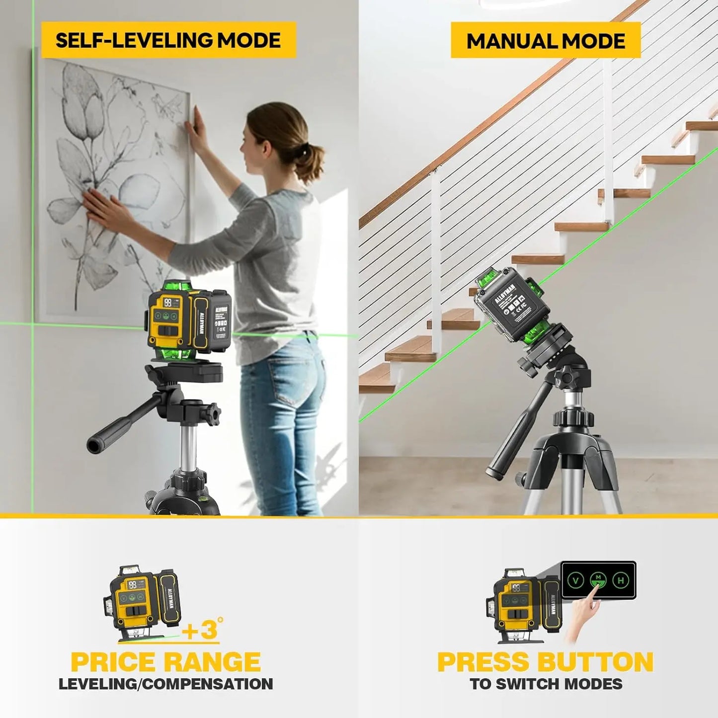 ALLOYMAN 4D Green Laser Level with Tripod