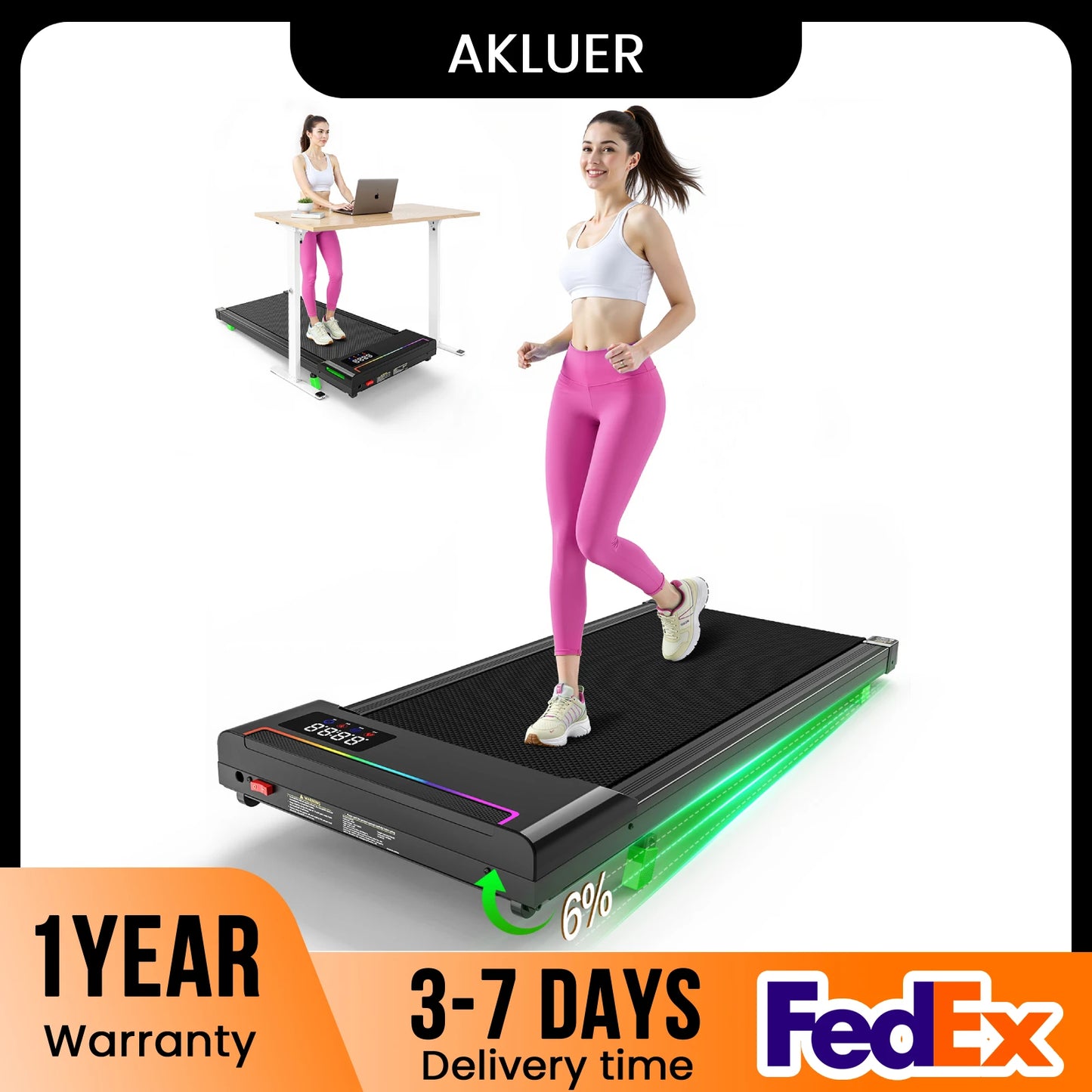 AKLUER 2 in 1 Walking Pad Under Desk Treadmill, 2.5HP Brushless Motor