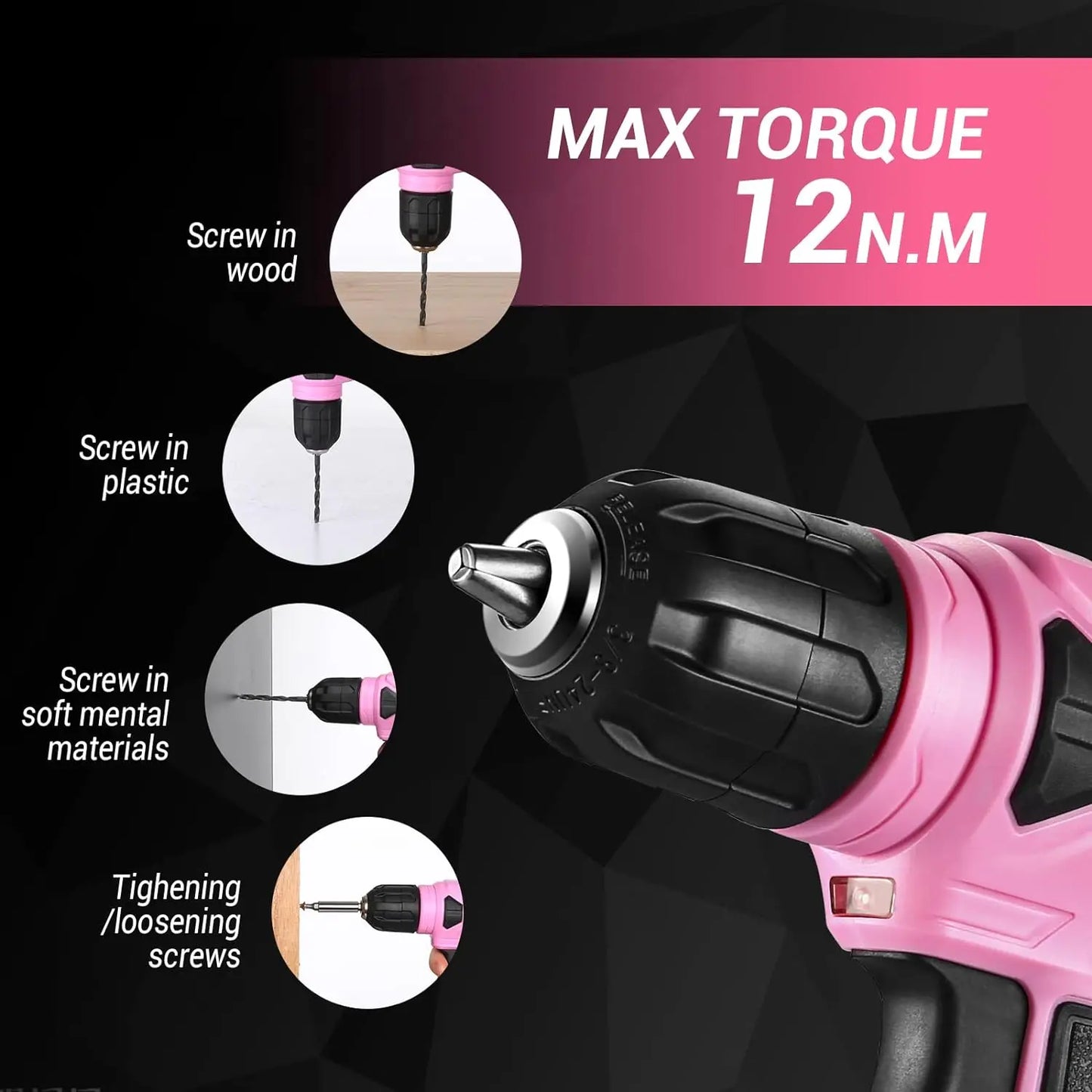 DEKO 8V Pink Cordless Drill, Drill Set with 3/8"Keyless Chuck