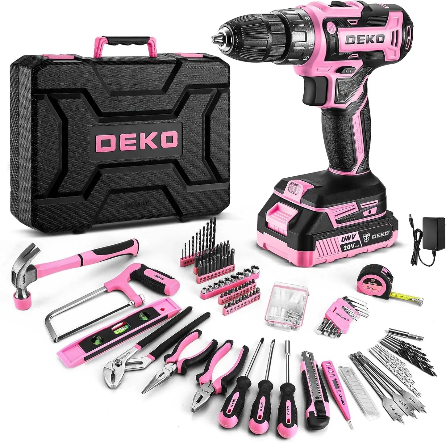 DEKO Pink Drill Tool Kit Set: 20V Cordless Power Drill