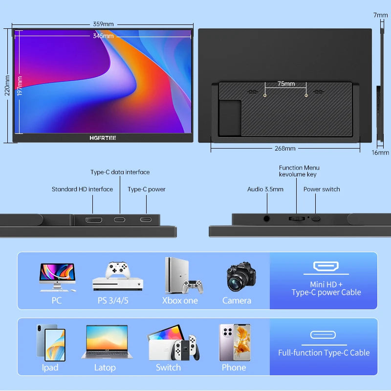 HGFRTEE 15.6 Inch Portable Monitor, FHD-IPS Laptop External Second Screen